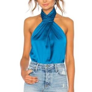Superdown Amerie Blue Satin Pleated Halter Top